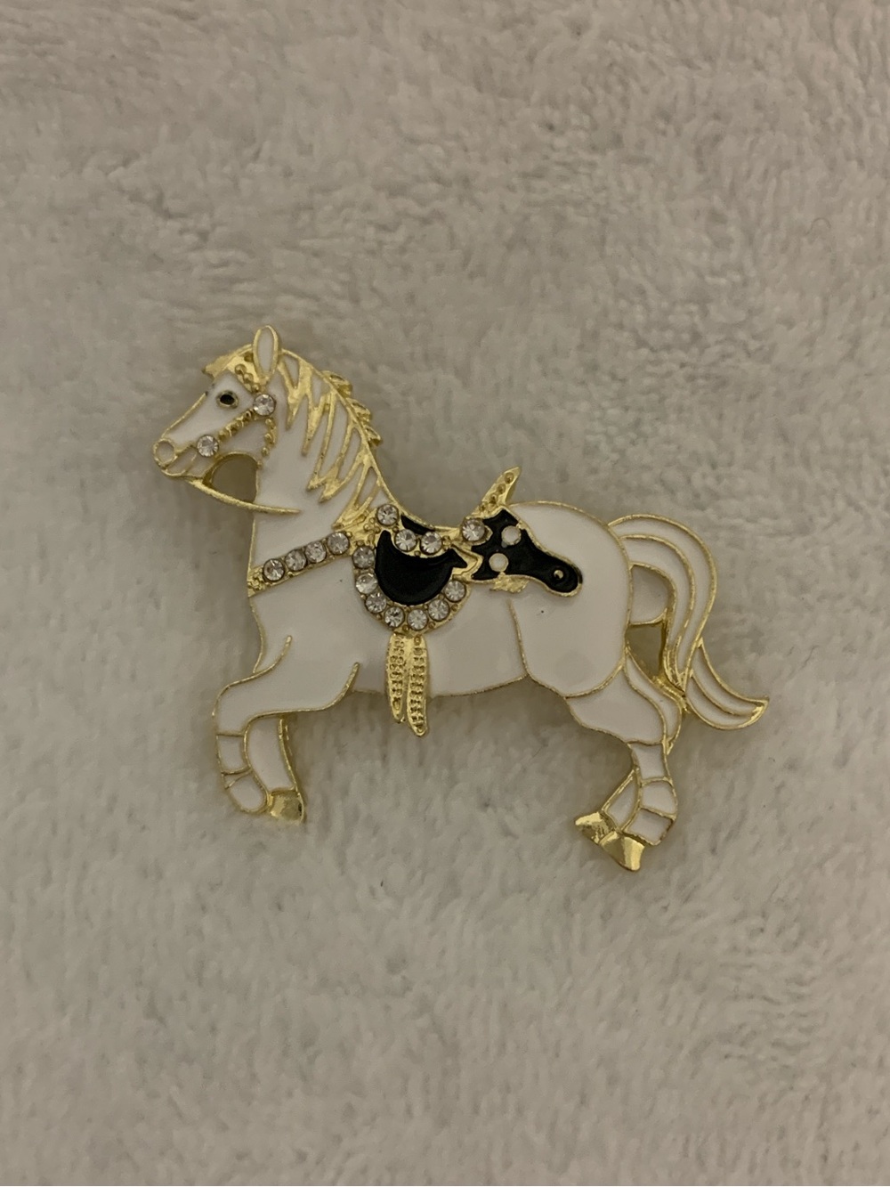 White Enamel Horse Brooch with Gold Accents